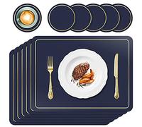APLKER Placemats and Coasters Set of 6, PU Leather Heat Resistant Washable Non-Slip Waterproof Table Mats for Kitchen Dining Table Home Décor 16 x 12 inches (Navy Blue)
