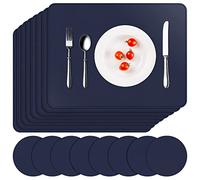 APLKER Placemats and Coasters Set of 8, PU Leather Waterproof Dual-Sided Table Mats Non-Slip Washable Place Mats for Home Kitchen Restaurant, 16 x 12 inch (Navy Blue)