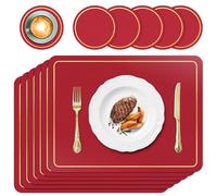 APLKER Placemats Set of 6 PU Leather Place Mats for Dinning Table Heat Resistant Waterproof Washable Table Mats and Coasters for Parties Indoor Outdoor, 16 x 12 inches (Red)