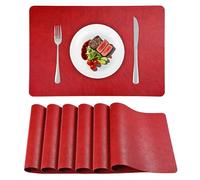 APLKER PU Leather Vinyl Placemats Set of 6 Waterproof Wipeable Place Mats Heat Resistant Reversible Kitchen Table Mats for Dining, Outdoor, Party 16.9 x 11.8 Inch (red, Set of 6)