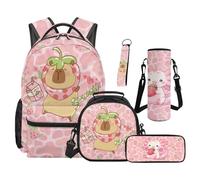 Aplkyhs 17 Inch Capybara Backpack with Lunch Bag for Kids Bookbag and Lunch Box Set Pink Cow Print School Bag for Boys Girls 8-12 Book Bag and Lunchbox Axolotl Pencil Case Water Bottle Bag Set of 5