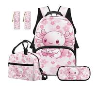 Aplkyhs Adorable Axolotl Kids Backpack with Lunch Box Age 6-8 Middle School Book Bag for Girls 4th Grade Lunchbox Pencil Case Bookmarks 5 In 1 Pink Cherry Blossom School Bags Set with Lunch Bag
