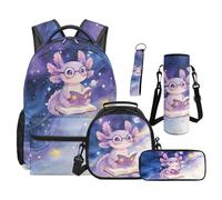 Aplkyhs Axolotl Backpack and Lunch Bag for Girls 6-8 Middle School Bookbag with Lunch Box and Pencil Case Water Bottle Bag Keychain 5 PCS Purple Starry Sky Schoolbag Set for Kids 1st Grade