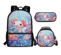 Aplkyhs Axolotl Backpack with Lunch Bag for Girls 8-12 Cute Book Bag for Kids 3 in 1 Elementary School Bag Set Lunch Box Pencil Bag Blue Ocean Children Bookbag for 4th 5th Grade