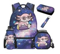 Aplkyhs Axolotl Bookbag and Lunch Box Set for Girls 7-9 Year Old Primary School Backpack for Kids 4th Grade Lunch Bag Pencil Case Water Bottle Bag Keychain 5 in 1 Starry Sky Middle School Book Bag