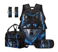 Aplkyhs Blue Wolf Teen Backpack with Lunch Box Age 12-14 Middle School Book Bag for Kids Girls 7th Grade Thermal Lunchbox Pencil Case Bookmarks 5 Piece School Bags Set with Lunch Bag