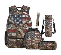 Aplkyhs Camo Deer Backpack and Lunch Box American Flag Bookbag and Lunch Box Girls Boys Bookbag Lunch Tote Pencil Case Water Bottle Bag Keychain 4th of July Kids School Bags for Elementary Middle