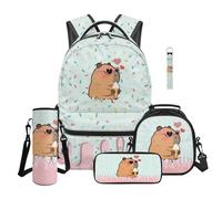 Aplkyhs Capybara Bookbag and Lunch Box Set for Girls 7-9 Year Old Primary School Backpack for Kids 4th Grade Lunch Bag Pencil Case Water Bottle Bag Keychain 5 in 1 Ice Cream Middle School Book Bag
