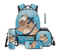 Aplkyhs Capybara Bookbag and Lunch Box Set for Girls Boys 7-9 Year Old School Backpack for Kids 4th Grade Lunch Bag Pencil Case Water Bottle Bag Keychain 5 in 1 Blue Ocean Middle School Book Bag