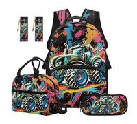 Aplkyhs Colorful Tractor Kids Backpack and Lunch Box Set for Boys 10-12 Years Old Primary School Bookbags with Lunch Bag & Pencil Case & Bookmarks 5 in 1 School Bags and Lunchbox 4th Grade