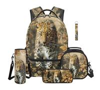 Aplkyhs Cool Leopard Bookbag and Lunch Box Set for Boys 7 Year Old Boys Primary School Backpack for Kids 4th Grade Lunch Bag Pencil Case Water Bottle Bag Keychain 5 in 1 Middle School Book Bag