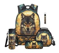Aplkyhs Cool Wolf Backpack for Boys 6-8 with Lunch Box Sunflowers School Bag Lunch Bag Set of 5 Girls Kids School Bookbag with Lunchbox Pencil Case Keychain Water Bottle Holder with Strap