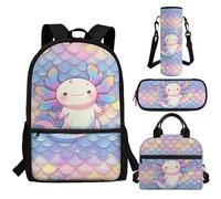 Aplkyhs Cute Axolotl Backpack for School Girls 10-12 Kids Backpacks with Lunch Box and Pencil Case Water Bottle Holder Fish Scale 4Pcs/Set Middle School Bag Primary Students Bookbag Satchel