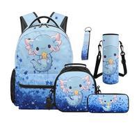 Aplkyhs Cute Axolotl Bookbag and Lunch Box Set for 7 Year Old Girls Blue Star School Backpack for Kids 1st Grade Lunch Bag Pencil Case Water Bottle Bag Keychain 5 in 1 Middle School Book Bag