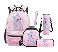 Aplkyhs Cute Axolotl Bookbag with Lunch Box for Girls 17 in High School Backpack with Lunch Bag for 6th Grade Pink Star Book Bag with Pencil Bag Lunch Bag Water Bottle Carrier Bag Keychain, 5 in 1