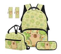 Aplkyhs Cute Capybara Backpack for Girls with Lunch Box Age 5-6 Green Leaves Schoolbags for Kids Boys 2nd Grade with Lunch Bag Pencil Box Bookmarks Primary Middle School Bookbag Set of 5