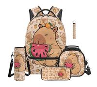 Aplkyhs Cute Capybara Bookbag with Lunch Box for Girls 17 in High School Backpack with Lunch Bag for 6th Grade Orange Book Bag with Pencil Bag Lunch Bag Water Bottle Carrier Bag Keychain, 5 in 1