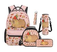 Aplkyhs Cute Capybara School Backpack for Girls with Lunch Box Strawberry Bookbag Set Age 6-8 Primary School Book Bag with Lunch Bag Pencil Case Water Bottle Bag Keychain 5pcs School Bag, Pink