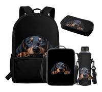Aplkyhs Cute Dachshund Backpack for Boys with Lunch Box Pencil Case Water Bottle Black Book Bag for Kids 8-12 Middle Elementary School Bag Shoulder Bag for Girls