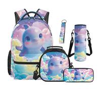 Aplkyhs Cute Dolphin Backpack with Lunchbox Set for Girls 6-10 Years Old 5 Piece Galaxy School Bags Middle School Book Bags 6th Grade Bookbag with Lunch Box Pencil Box Water Bottle Pouch Keychain