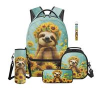 Aplkyhs Cute Sloth Backpack for Kids with Lunchbox 2nd Grade Primary School Bag and Lunch Bag Pencil Case Water Bottle Sleeve Keychain Sunflowers Bookbag with Lunchbox Set for Boys Girls, 5 Piece