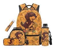 Aplkyhs Dachshund Backpack with Lunchbox Set for Boys Girls 6-10 Years Old 5 Piece Orange School Bags Middle School Book Bags 6th Grade Bookbag with Lunch Box Pencil Box Water Bottle Pouch Keychain