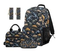 Aplkyhs Dinosaur Bookbag with Lunch Box for Kids Boys 3rd Grade Cute Pink Backpack with Lunch Bag Girls 5 in 1 Middle School Bag for Girls Ages 8-12 and Cooler Bags Pencil Bag Bookmarks, 17 Inch