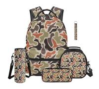 Aplkyhs Duck Camo School Backpack for Boys with Lunch Box Middle School Book Bags 6th Grade Girls Lunchbox High School Bookbag and Lunch Bag Pencil Case Water Bottle Bag Keychain Set of 5