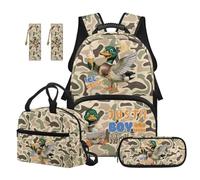 Aplkyhs Duck Hunter Camo Backpack for Kids Boys 6-8 with Lunch Box Pencil Case Middle School Bookbag and Lunch Bag Bookmarks for Girls 4th Grade, 5 PCS Cute Schoolbag Set