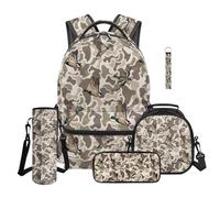 Aplkyhs Duck Hunter Camo Backpack Lunchbox Set for Boys Girls 5 in 1 Kids School Bag and Lunch Box for 3rd Grade Bookbag with Lunch Bags + Pencil Case + Water Bottle Bag + Keychain Girls Book Bags