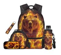 Aplkyhs Fire Bear School Backpack for Boys with Lunch Box Middle School Book Bags 6th Grade Girls Lunchbox Strawberry School Bookbag and Lunch Bag Pencil Case Water Bottle Bag Keychain Set of 5