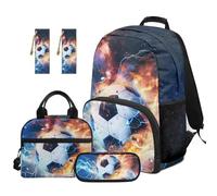 Aplkyhs Fire Football Bookbag with Lunch Box for Kids Boys 5-7/8-9 5 in 1 Backpack Set and Lunchbox and Pencil Box Bookmarks 5pcs Middle School Schoolbag for 6th Grade