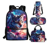 Aplkyhs Galaxy Wolf 4Pcs Boys Backpack with Lunch Box Set 5-7 7-10 10-12 Kids School Bag Elementary Middle School Bookbag Lunch Bag Pencil Case Water Bottle Holder Rose Back Pack Purse Satchel