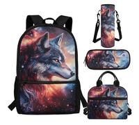 Aplkyhs Galaxy Wolf Backpack for Boys 8-10 Kids School Bag with Lunch Box Elementary Student Bookbag Water Bottle Holder Lunch Bag Pencil Case Set 4 in 1