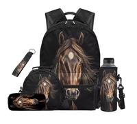 Aplkyhs Horse Bookbag and Lunch Box Set for 7 Year Old Boys Primary School Backpack for Kids 4th Grade Lunch Bag Pencil Case Water Bottle Bag Keychain 5 in 1 Middle School Book Bag