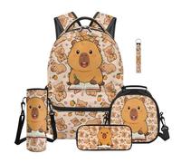 Aplkyhs Kawaii Capybara Backpack with Lunchbox Set for Girls 6-10 Years Old 5 Piece School Bags Middle School Book Bags 6th Grade Bookbag with Lunch Box Pencil Box Water Bottle Pouch Keychain