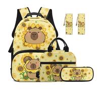 Aplkyhs Kawaii Capybara Girls School Backpack with Lunch Bag for Kids 8-10 Years Old Yellow Sunflowers Middle School Book Bag for Girls 1st/2nd Grade Lunch Box Pencil Case Bookmarks Set of 5