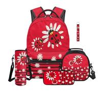 Aplkyhs Ladybug Backpack with Lunch Bag Set Daisy Book Bag for Girls 8-10 Lunch Box Pencil Case Water Bottle Sleeve Keychain 5 Piece Middle School Bookbag and Lunchbox for Student Girls, Red