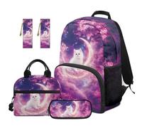 Aplkyhs Moon Cat Backpack and Lunchbox for Girls 4th Grade/5th Grade Large Capacity School Bag for Kids 8-10 with Lunch Bag Pencil Box Bookmarks Elementaty School Book Bag Set of 5