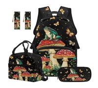 Aplkyhs Mushroom Frog Girls Backpack with Lunchbox Set 5 in 1 Middle School Bookbag 4th Grade with Lunch Box Pencil Case Bookmarks 17 Inch Kids School Bag for Boys Age 3 Years Old