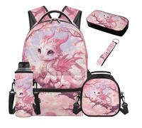 Aplkyhs Pink Dragon Backpack & Lunchbox Set Girls Bookbag and Lunch Box Age 8-10 Cherry Blossom Book Bags with Pencil Bag Pencil Case Water Bottle Sling Bag Keychain 5pcs Middle Schoolbag for Kids