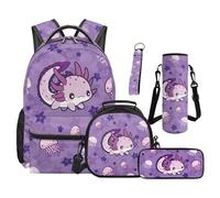 Aplkyhs Purple Axolotl Bookbag and Lunch Bag Set for Kids Backpack with Lunch Box Bag Girls 10-12 Children School Bag Set Middle School Book Bags Lunch Tote Pencil Case Water Bottle Bag Keychain