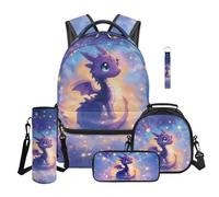 Aplkyhs Purple Dragon Bookbag with Lunch Bag for Girls 5 PCS Backpack and Lunch Box Set for Kids Middle School Book Bags Lunch Tote Pencil Case Water Bottle Sleeve Keychain Cute School Bag Age 7-9