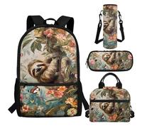 Aplkyhs Sloth Backpack for School Girls 6th Grade with Lunch Box Flower Kids Elementary School Bookbag for Boys 10-12/8-10/12-14 Lunch Bag Pencil Case Water Bottle Holder Set Book Bag