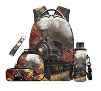 Aplkyhs Train Print Bookbag with Lunch Box for Boys Girls 6th Grade Primary School Backpack with Lunch Bag Middle School Book Bag with Pencil Bag Lunch Bag Water Bottle Bag Keychain, 5 in 1