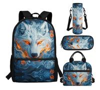 Aplkyhs Wolf Backpack for Boys 12-14 Large Capacity Soccer Bookbag and Lunchbox for Kindergarten Elementary School Bag Set 4 Piece Back to School Gifts for Kids Cool Flame