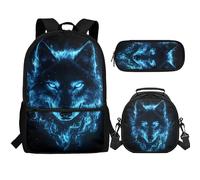 Aplkyhs Wolf School Bags for Boys 7-10 10-12 Kids Backpack Set with Lunch Box Pencil Case Elementary School Back Pack Purse Preschool Kindergarten Bookbag Travel Daypack Blue
