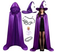APLOS Women's Witch Costume, 4-Piece Halloween Costume with 110 cm | Purple Cape and Foldable Witch Hat, Lace Masks, Bottles, for Adults & Fancy Dress Carnival & Halloween