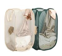 Aplter 2Pack Collapsible Laundry Basket with Side Pocket, Mesh Pop Up Hamper Portable Carrying Handle, Cruise Room Storage Basket (Beige+Green)