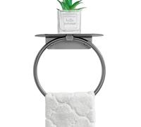 APLusee Gunmetal Gray Towel Ring with Shelf, 304 Stainless Steel Bathroom Towel Holder, Wall Mounted Swivel Loop for Kitchen Shower, Rustproof & Easy to Install